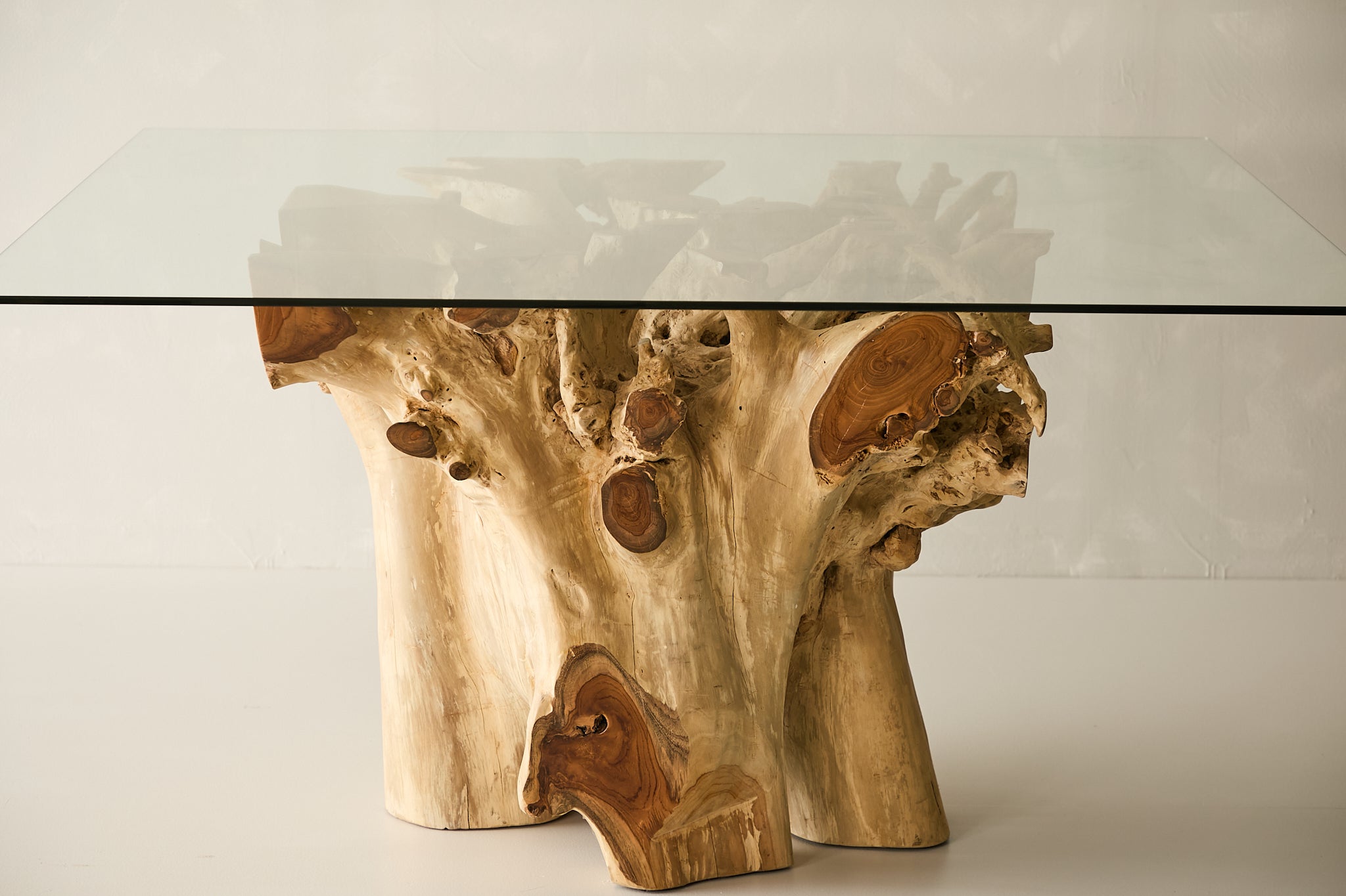 Teak Root Dining Table, 60 Square Glass Top