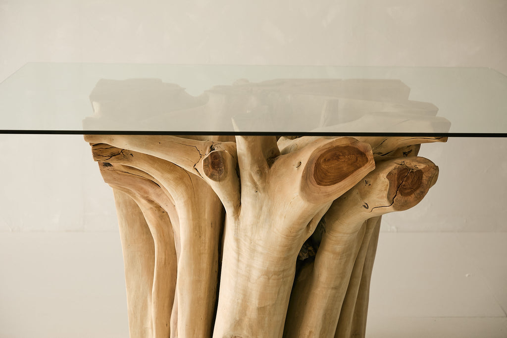 Teak Root Dining Table, 60 Square Glass Top