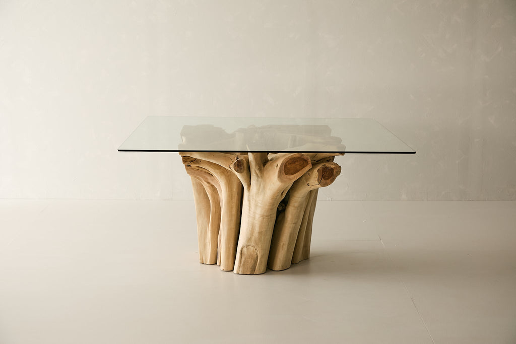 Teak Root Dining Table, 60 Square Glass Top