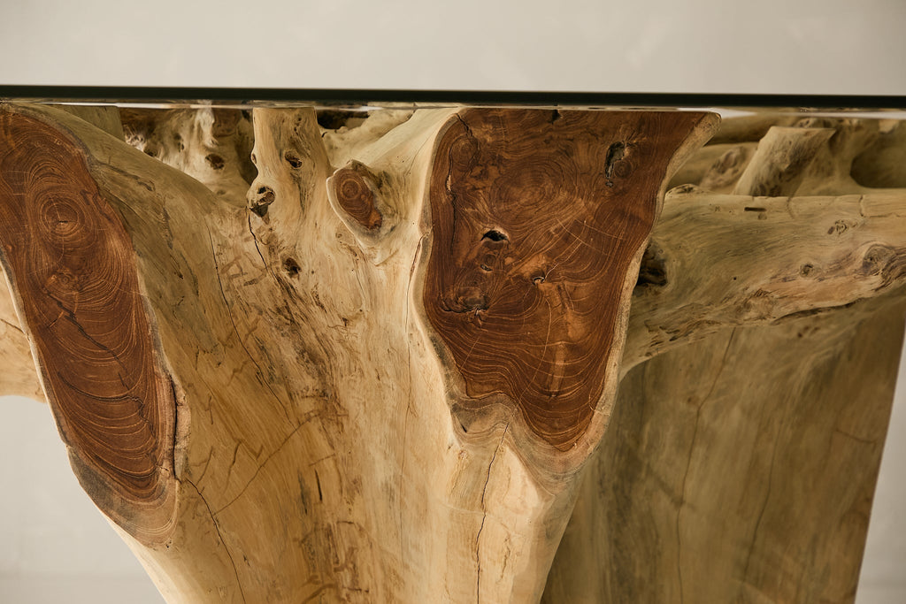 Teak Root Dining Table, 60 Square Glass Top